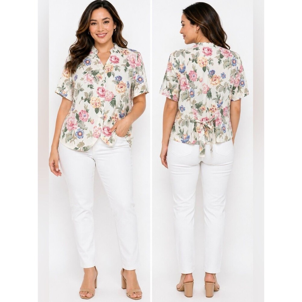 Lee David Floral Blouse Large NWT Made in USA Shoulder Pads Button Front Vintage